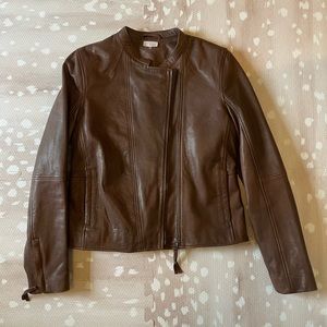 ecru Brown Leather Moto Jacket